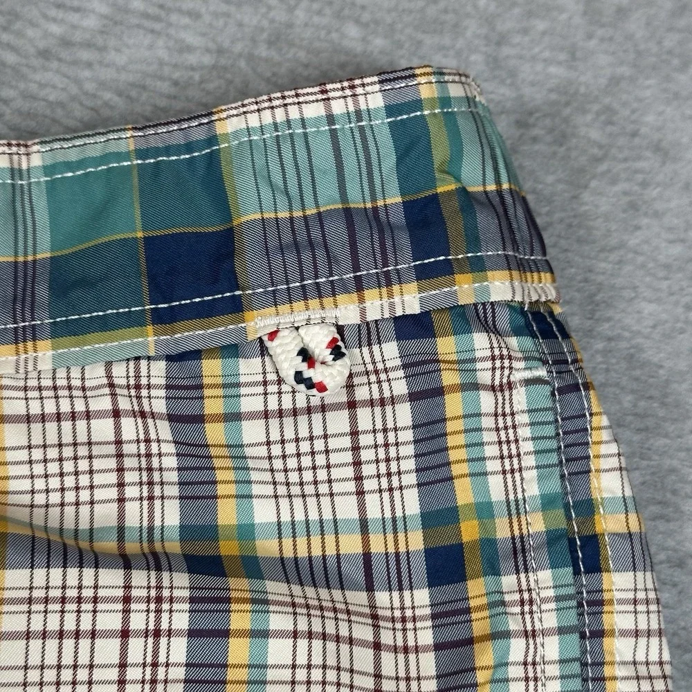 Lands End Swim Trunks Mens L Green Plaid Cargo Pockets Lined 8.5 in Inseam Board